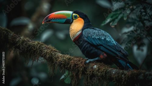 Multi colored toucan perching on branch in tropical rainforest generated by AI © djvstock