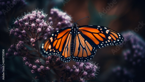 Vibrant monarch butterfly pollinates purple flower in natural beauty generated by AI © djvstock