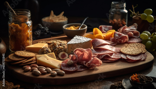 A rustic plate of gourmet appetizers prosciutto, salami, cheese, and bread generated by AI