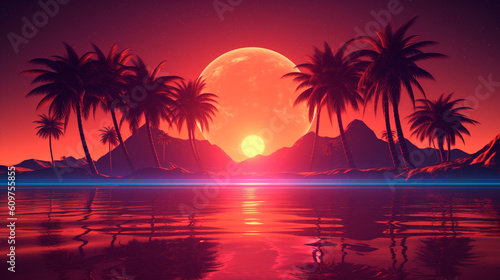 3d sunset on the beach. Retro palms sci fi background with ocean. Sun reflection in water. Futuristic landscape 1980s style. Digital landscape cyber surface. 80s party background. Generative AI