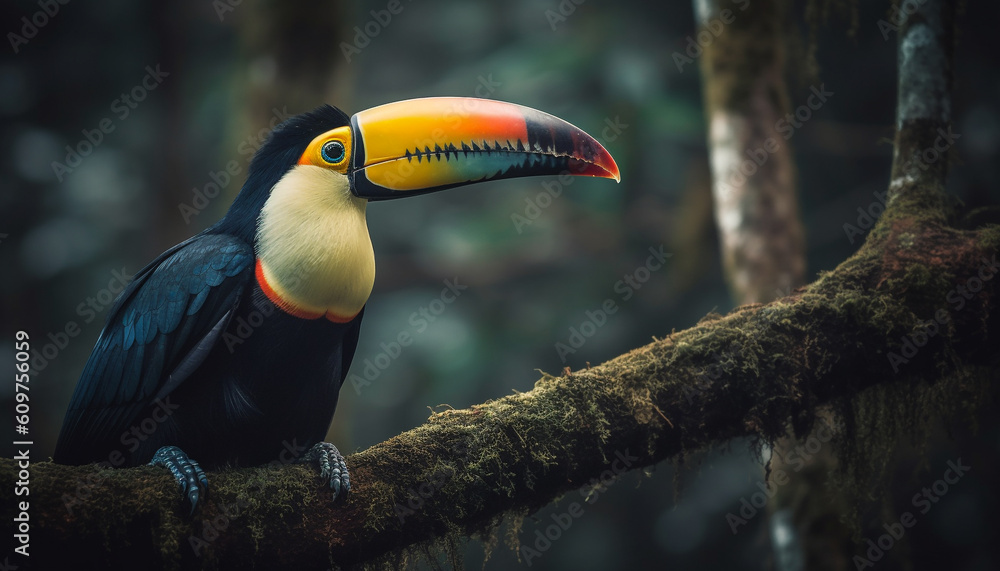 Toucan perching on branch in vibrant tropical rainforest beauty generated by AI Toucan perching on branch in vibrant tropical rainforest beauty generated by AI