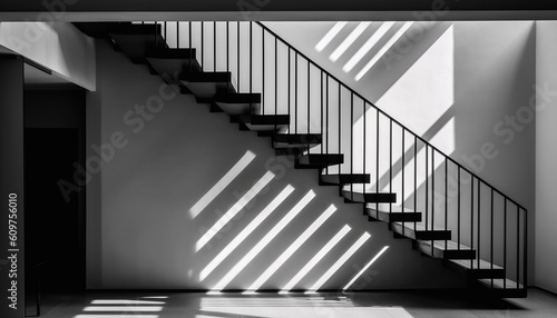 Modern staircase design with metal railing and black and white flooring generated by AI