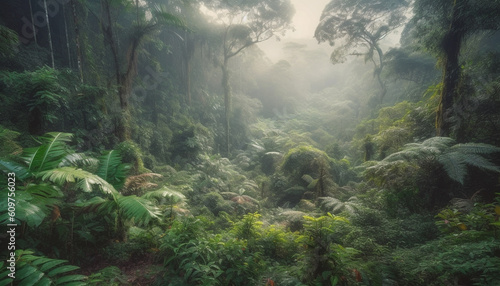 Tropical rainforest mystery wet ferns  dark trees  and spooky fog generated by AI