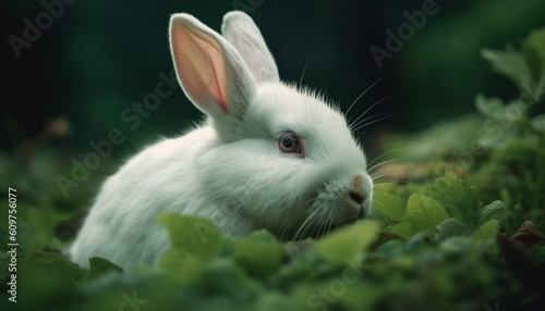 Cute baby rabbit sitting in green meadow, looking at camera generated by AI