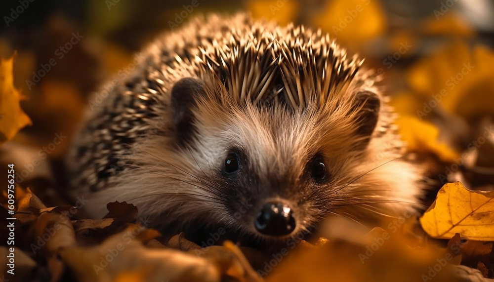 Fototapeta premium Cute hedgehog snout in focus, surrounded by autumn leaves generated by AI