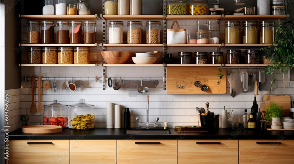 A tidy kitchen with storage solutions for cooking essentials and spices. Generative AI A tidy kitchen with storage solutions for cooking essentials and spices. Generative AI