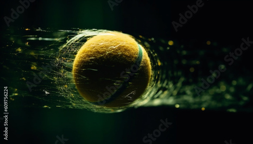 Extreme close up of tennis ball showcases blurred motion and speed generated by AI