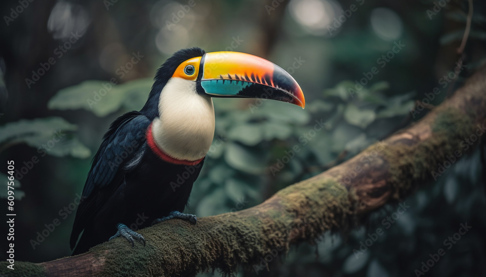 Fototapeta premium Tropical toucan perching on branch, vibrant feathers and beak generated by AI