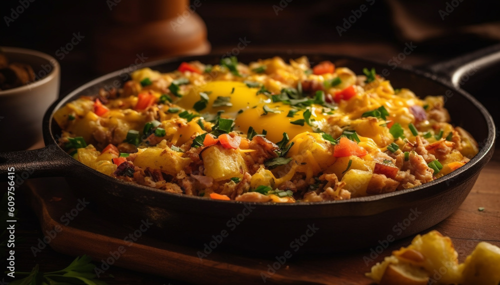 Healthy vegetarian risotto with fresh vegetables in cast iron pan generated by AI
