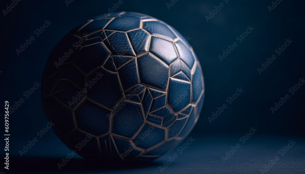 Blue metallic sphere on black background with hexagon pattern generated by AI