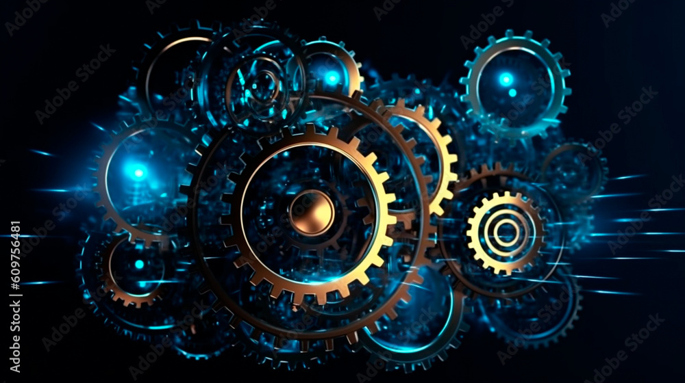 Abstract 3D gears on dark background. Concept of gear mechanics and cog mechanics. Digital polygonal mesh with points, lines and shapes. mechanical engineering wireframe. Generative AI Abstract 3D gears on dark background. Concept of gear mechanics and cog mechanics. Digital polygonal mesh with points, lines and shapes. mechanical engineering wireframe. Generative AI