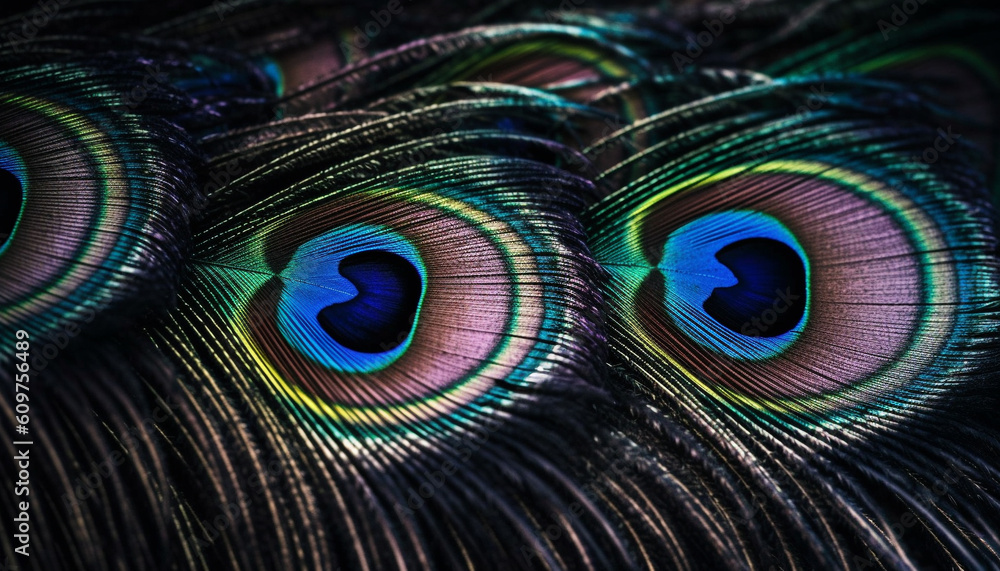 Naklejka premium Vibrant peacock feathers showcase beauty in nature multi colored patterns generated by AI