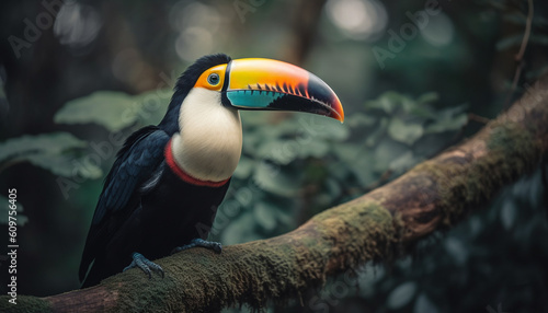 Tropical toucan perching on branch, vibrant feathers and beak generated by AI