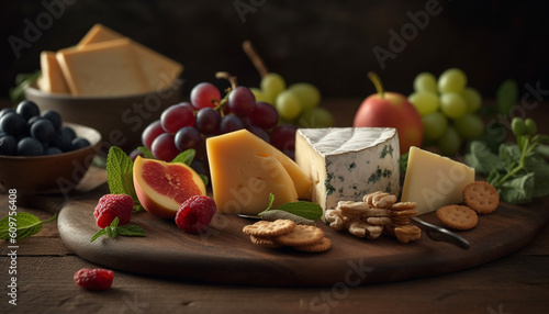 A rustic cheese plate with fresh fruit and gourmet variations generated by AI
