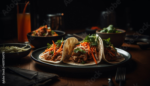 Grilled beef taco plate with fresh vegetables and guacamole sauce generated by AI