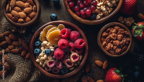 Organic fruit bowl almond, cashew, pecan, raspberry, blueberry, granola generated by AI
