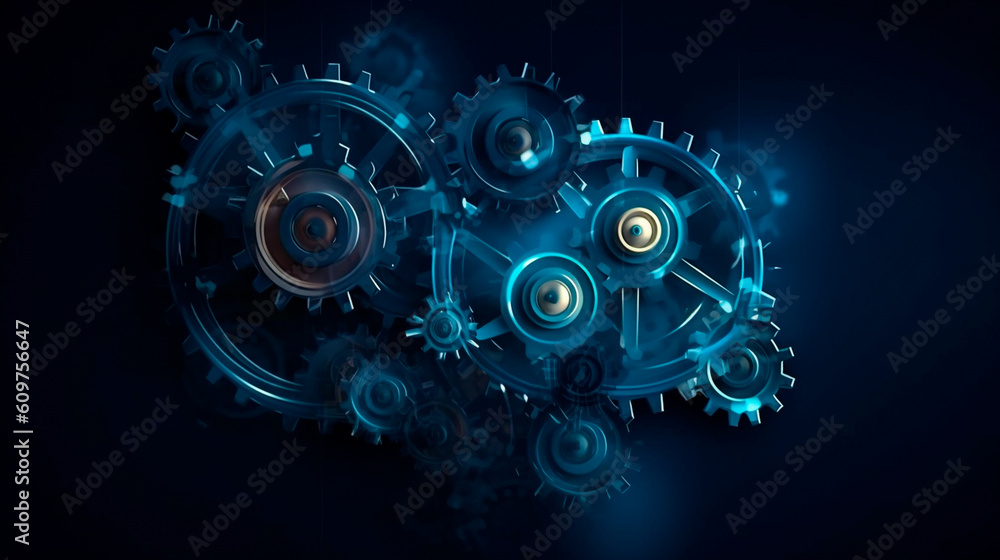 Abstract 3D gears on dark background. Concept of gear mechanics and cog mechanics. Digital polygonal mesh with points, lines and shapes. mechanical engineering wireframe. Generative AI Abstract 3D gears on dark background. Concept of gear mechanics and cog mechanics. Digital polygonal mesh with points, lines and shapes. mechanical engineering wireframe. Generative AI