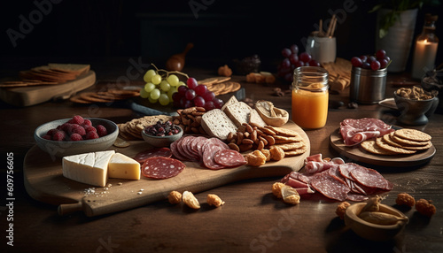 Rustic plate of gourmet meat, bread, fruit, and cheese variation generated by AI