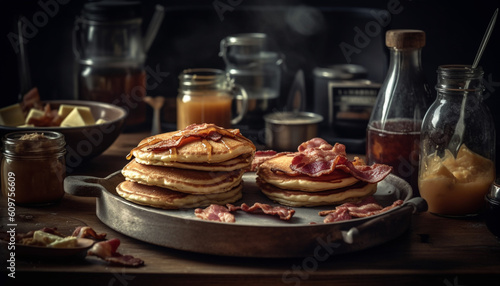 Stack of homemade pancakes on rustic wooden table, close up shot generated by AI