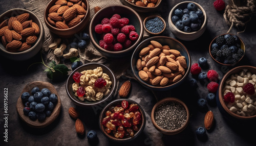 Organic berry bowl blueberry almond, cashew cranberry, pecan, walnut generated by AI