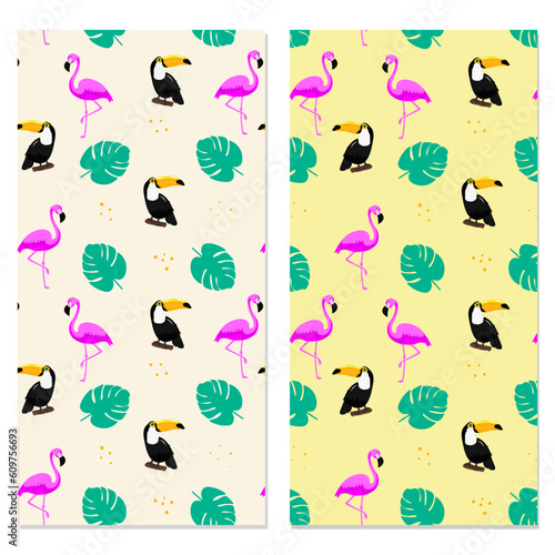 Set of seamless patterns with toucans, flamingos and monstera leaves.