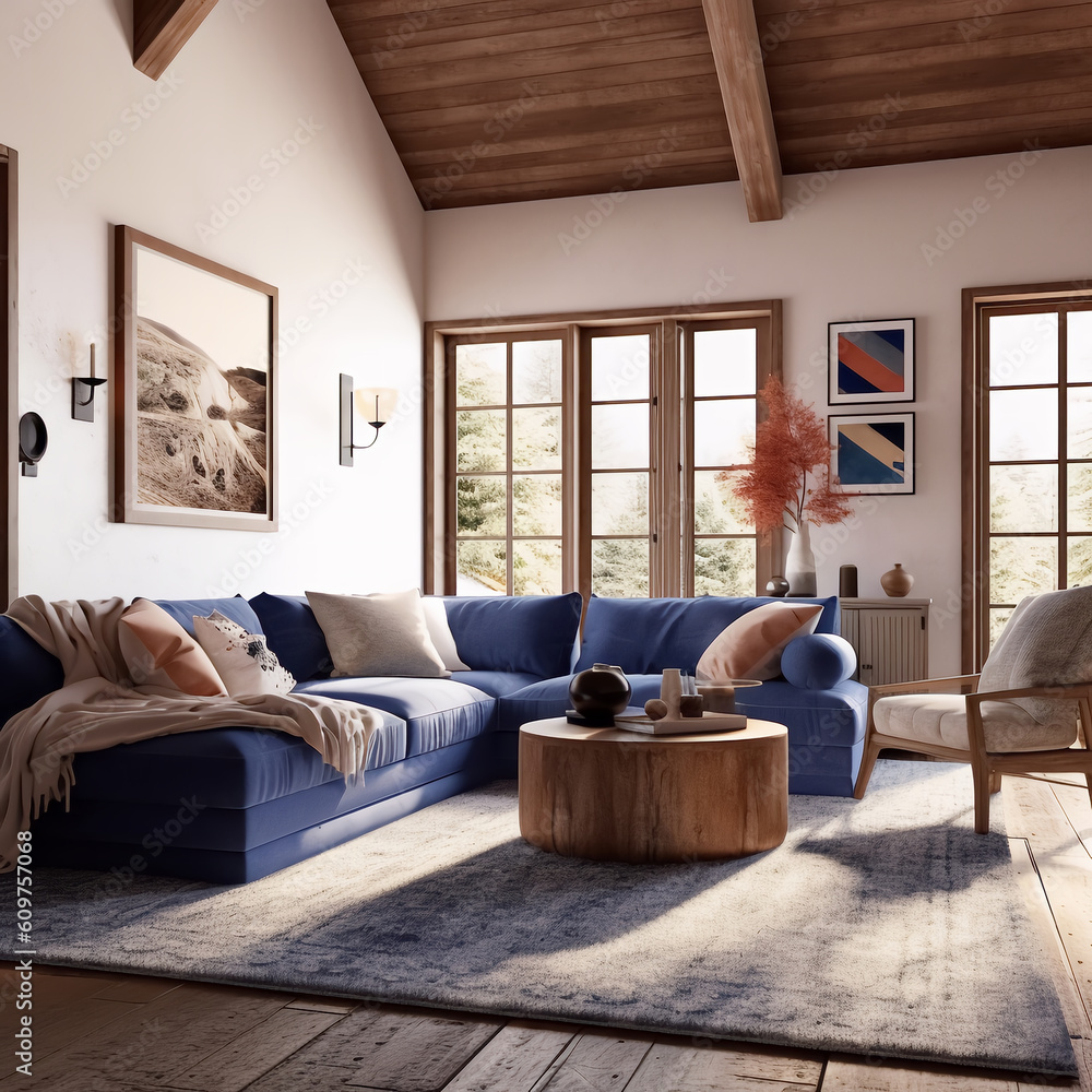 Obraz premium Blue and Peach Living Room Design