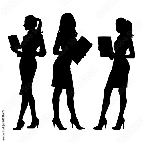 Vector illustration. Silhouette of a woman businesswoman with a folder of documents in her hand. Three colleagues.