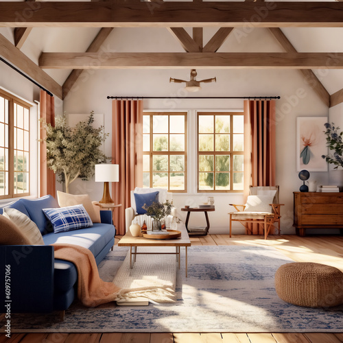 Blue and Peach Living Room Design