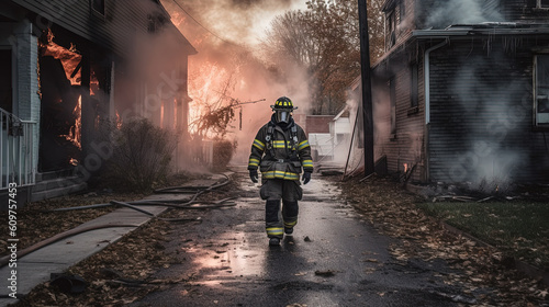 Firefighter walking on a driveway next to a burning building. Generative AI