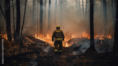 Firefighter in the woods. Burning forest. Wildfire. Generative AI