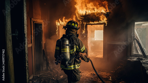 Firefighter in action. Burning room filled with smoke. Generative AI