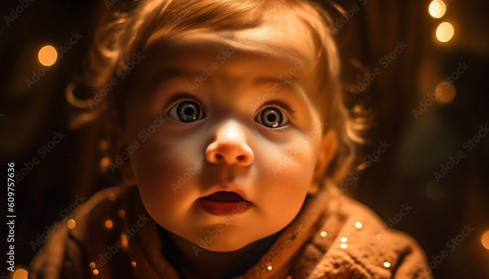 Smiling baby boy illuminated by winter night, looking at camera generated by AI Smiling baby boy illuminated by winter night, looking at camera generated by AI