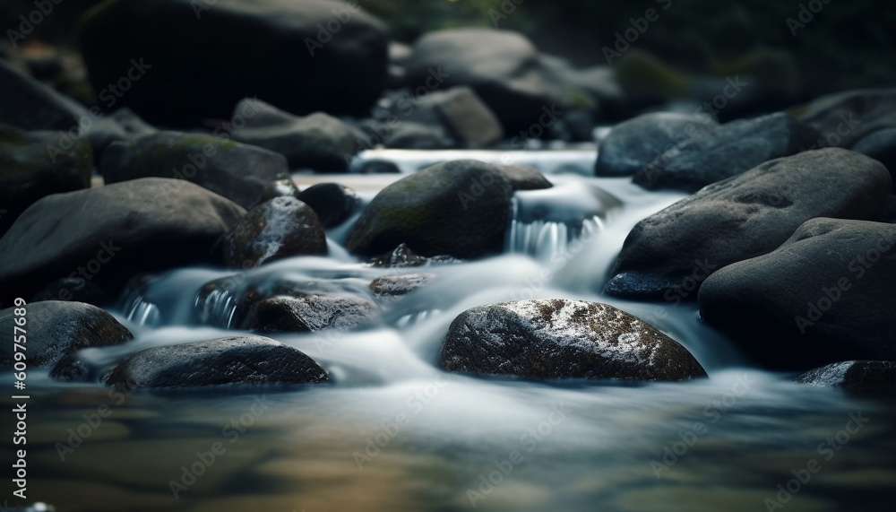 Fototapeta premium Flowing water over rocks in tranquil tropical rainforest ravine generated by AI