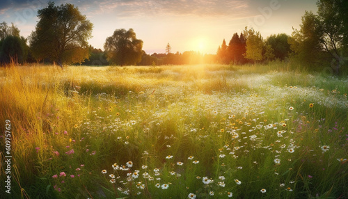 Sunset over meadow, wildflowers bloom in tranquil rural landscape generated by AI