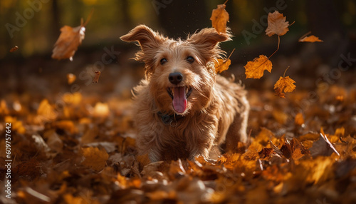 Cute terrier puppy sitting in autumn forest  playful and cheerful generated by AI
