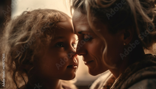 Mother and daughter embrace in nature, radiating love and happiness generated by AI