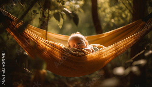 Cute Caucasian baby napping in comfortable hammock outdoors with family generated by AI