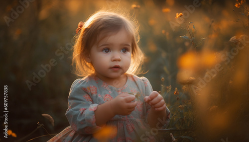 Cheerful baby girl sitting in meadow  enjoying nature beauty generated by AI