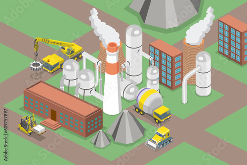 3D Isometric Flat Vector Conceptual Illustration of Cement Manufactoring, Concrete Factory