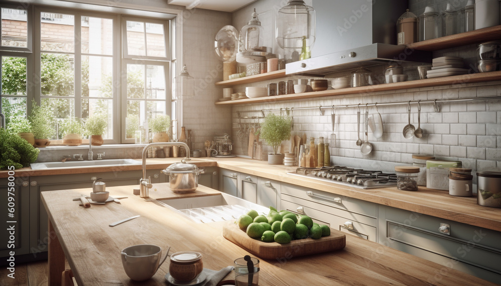 Modern kitchen island with stainless steel appliances and rustic hardwood flooring generated by AI Modern kitchen island with stainless steel appliances and rustic hardwood flooring generated by AI