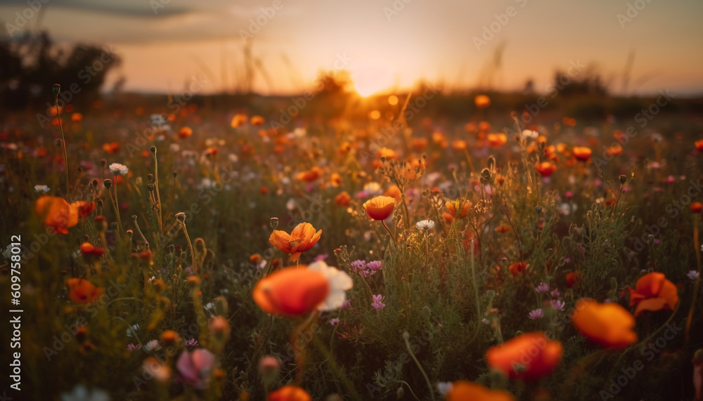 Obraz premium Vibrant wildflower meadow at dusk, a tranquil rural scene generated by AI