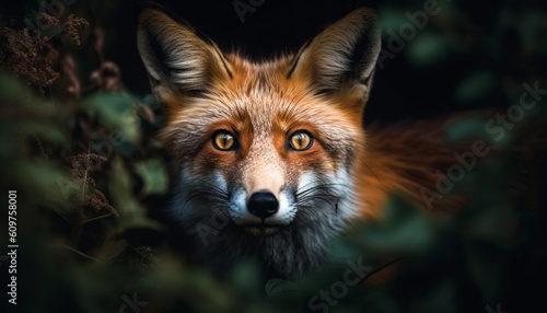 Red fox staring, alert in winter forest, beauty in nature generated by AI