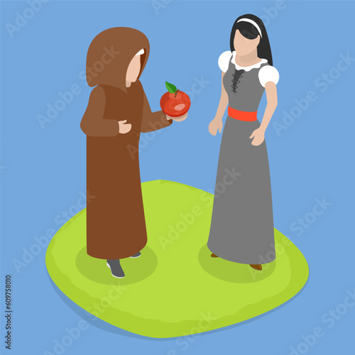 3D Isometric Flat Vector Conceptual Illustration of Snow White, Getting an Apple From an Old Evil Witch