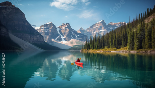 Men and women canoeing in tranquil Moraine Lake, Rocky Mountains generated by AI © djvstock