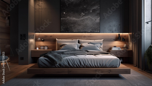 Cozy modern bedroom with luxury bedding and elegant wood flooring generated by AI