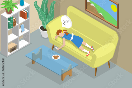 3D Isometric Flat Vector Conceptual Illustration of Sleeping Kid, Daytime Sleep