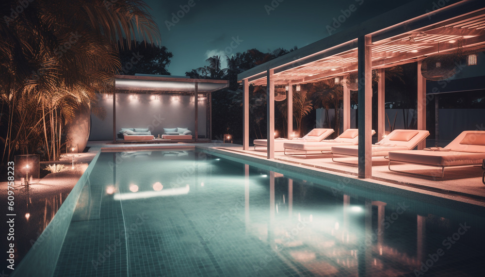 Fototapeta premium Luxury poolside relaxation at modern illuminated hotel bar at dusk generated by AI