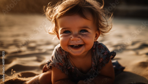 Smiling child enjoys playful summer day at water edge generated by AI