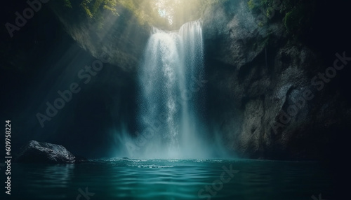 Flowing water falling from cliff, tranquil scene in majestic outdoors generated by AI