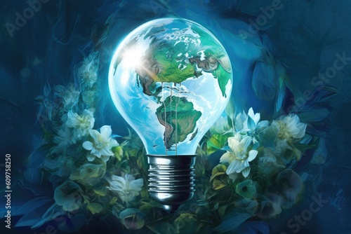 Lights and ecoworld concept. Green earth globe ecology concept. Green energy. photo